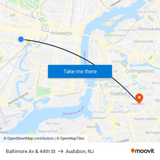 Baltimore Av & 44th St to Audubon, NJ map