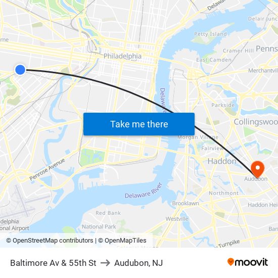 Baltimore Av & 55th St to Audubon, NJ map