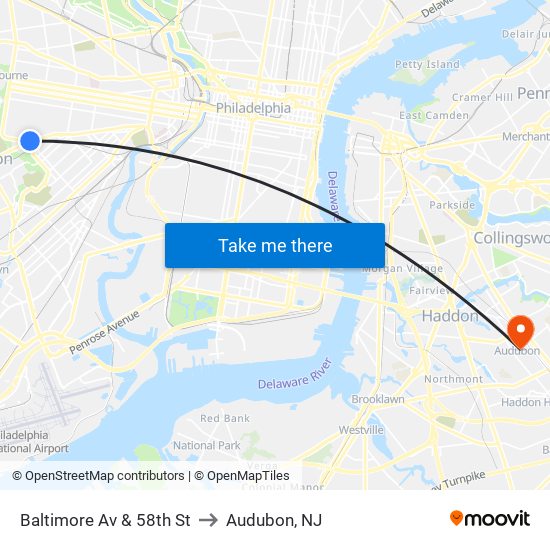 Baltimore Av & 58th St to Audubon, NJ map