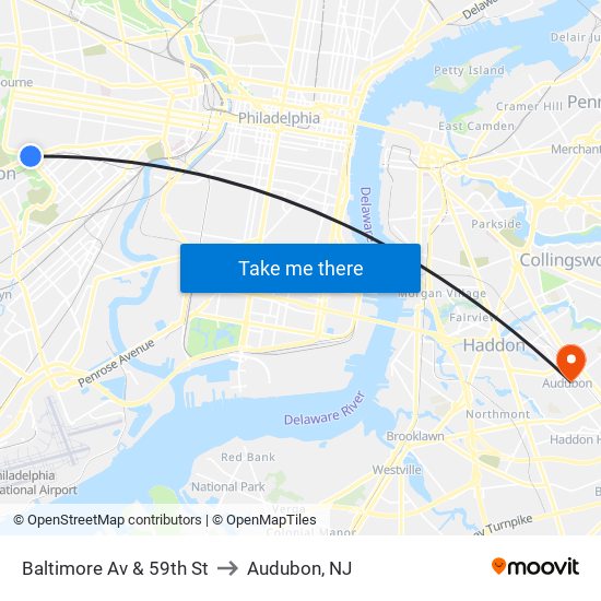 Baltimore Av & 59th St to Audubon, NJ map
