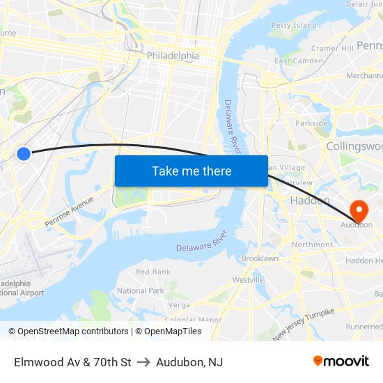 Elmwood Av & 70th St to Audubon, NJ map