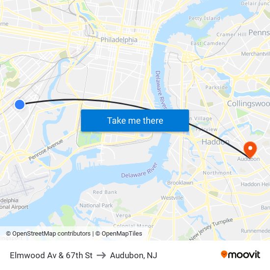 Elmwood Av & 67th St to Audubon, NJ map