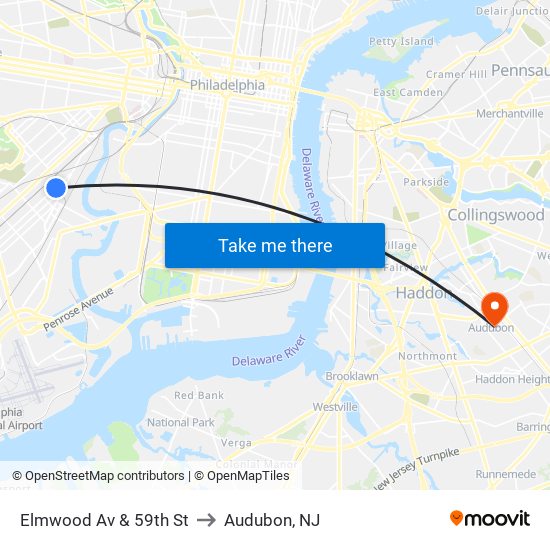 Elmwood Av & 59th St to Audubon, NJ map