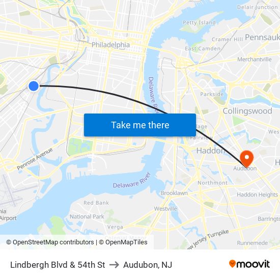 Lindbergh Blvd & 54th St to Audubon, NJ map