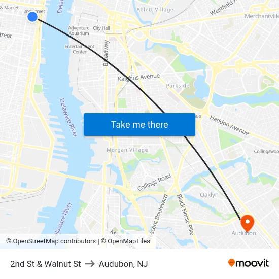 2nd St & Walnut St to Audubon, NJ map
