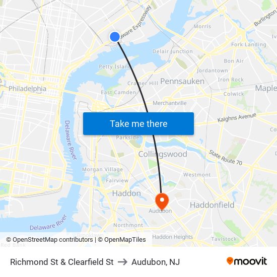 Richmond St & Clearfield St to Audubon, NJ map