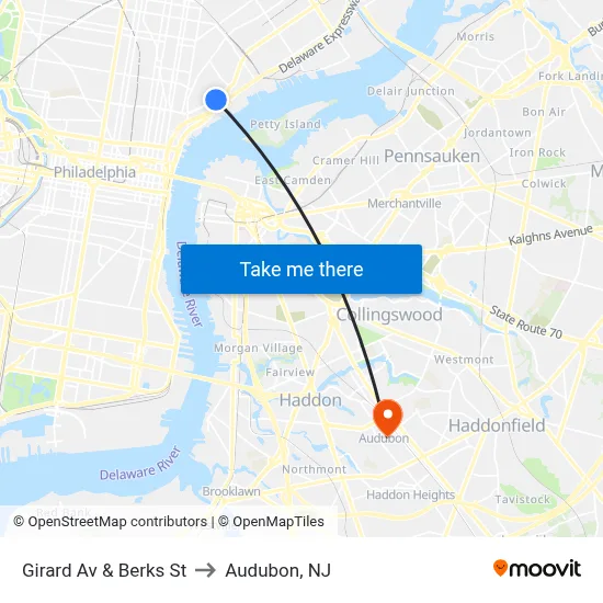 Girard Av & Berks St to Audubon, NJ map