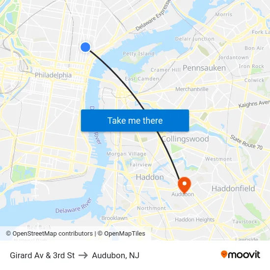 Girard Av & 3rd St to Audubon, NJ map