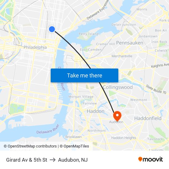 Girard Av & 5th St to Audubon, NJ map