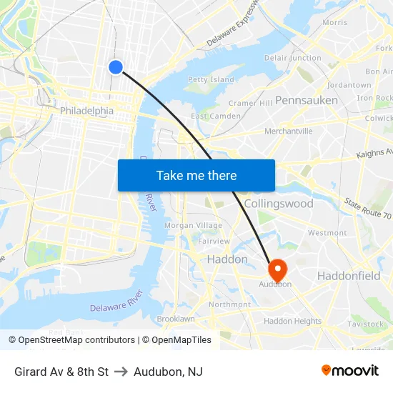 Girard Av & 8th St to Audubon, NJ map