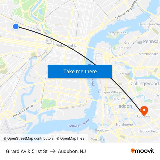 Girard Av & 51st St to Audubon, NJ map