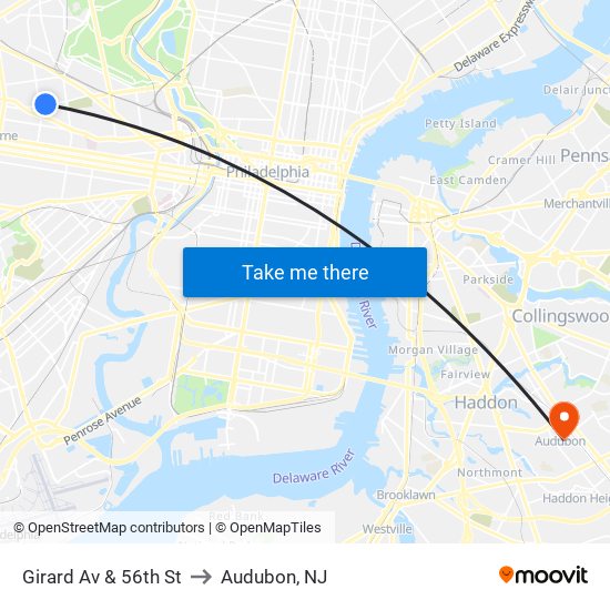 Girard Av & 56th St to Audubon, NJ map