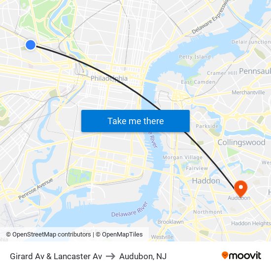 Girard Av & Lancaster Av to Audubon, NJ map