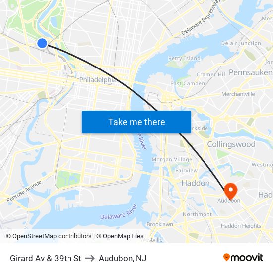 Girard Av & 39th St to Audubon, NJ map