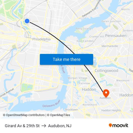 Girard Av & 29th St to Audubon, NJ map