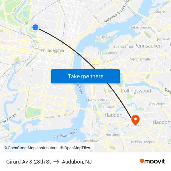Girard Av & 28th St to Audubon, NJ map