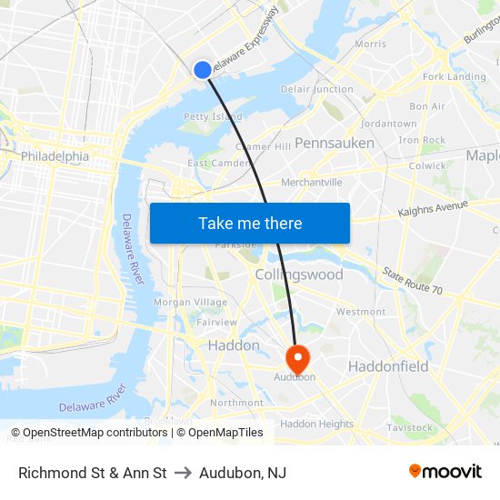 Richmond St & Ann St to Audubon, NJ map