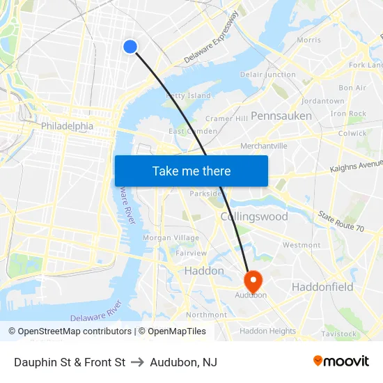 Dauphin St & Front St to Audubon, NJ map