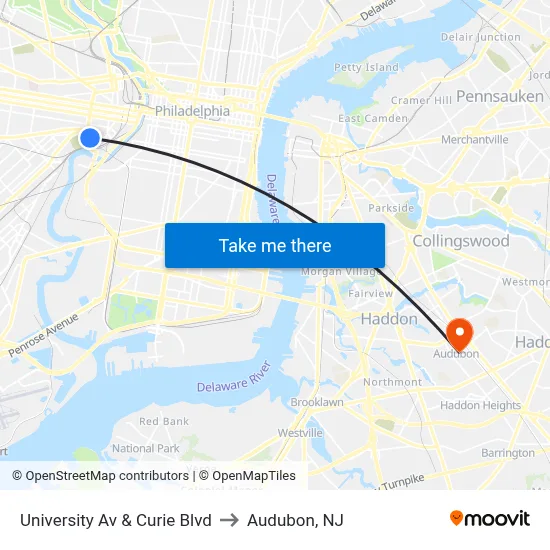University Av & Curie Blvd to Audubon, NJ map