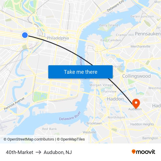40th-Market to Audubon, NJ map