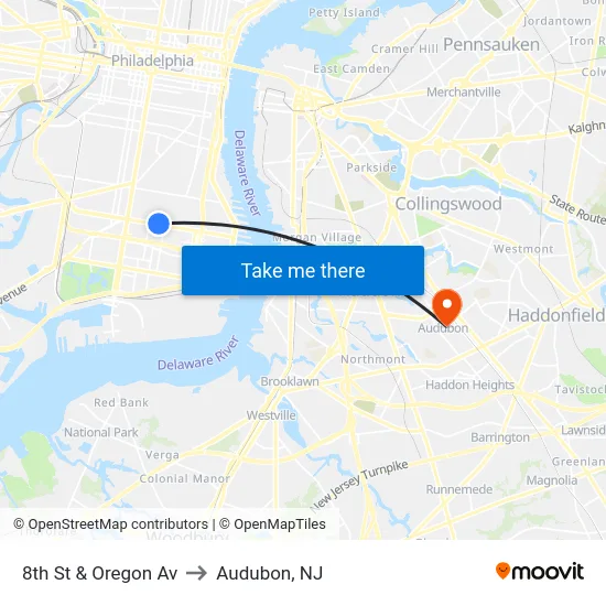 8th St & Oregon Av to Audubon, NJ map