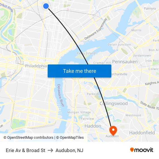 Erie Av & Broad St to Audubon, NJ map
