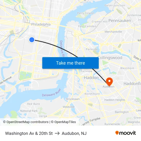 Washington Av & 20th St to Audubon, NJ map