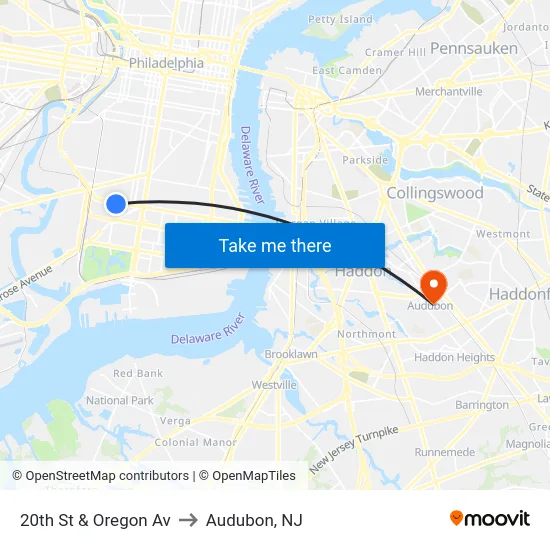 20th St & Oregon Av to Audubon, NJ map