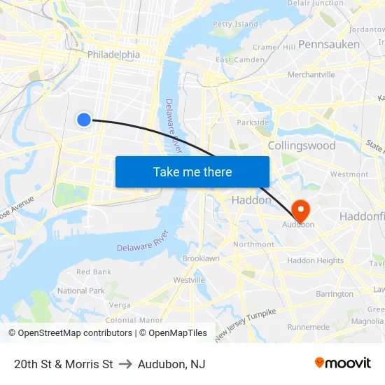20th St & Morris St to Audubon, NJ map