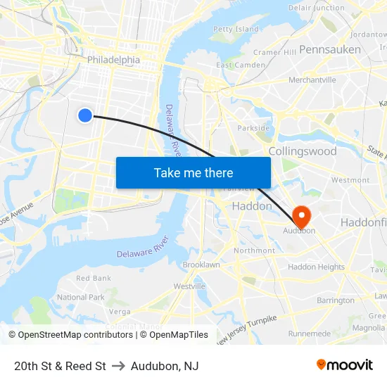 20th St & Reed St to Audubon, NJ map
