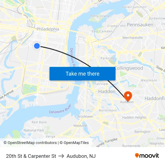 20th St & Carpenter St to Audubon, NJ map