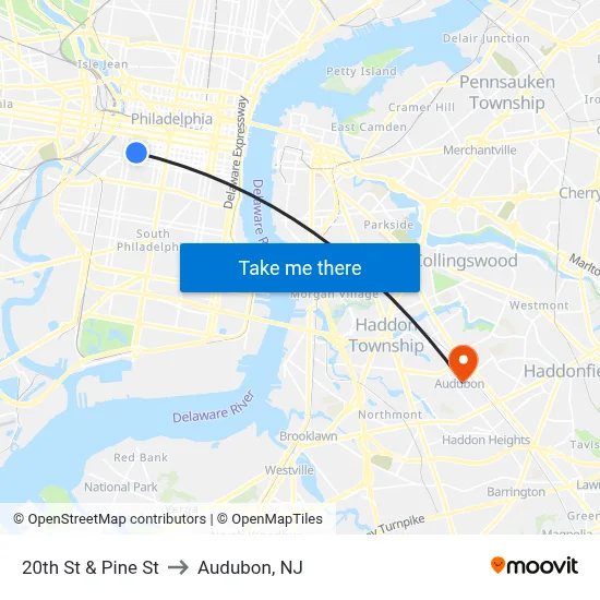 20th St & Pine St to Audubon, NJ map