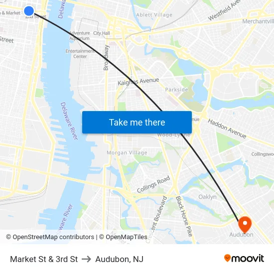 Market St & 3rd St to Audubon, NJ map