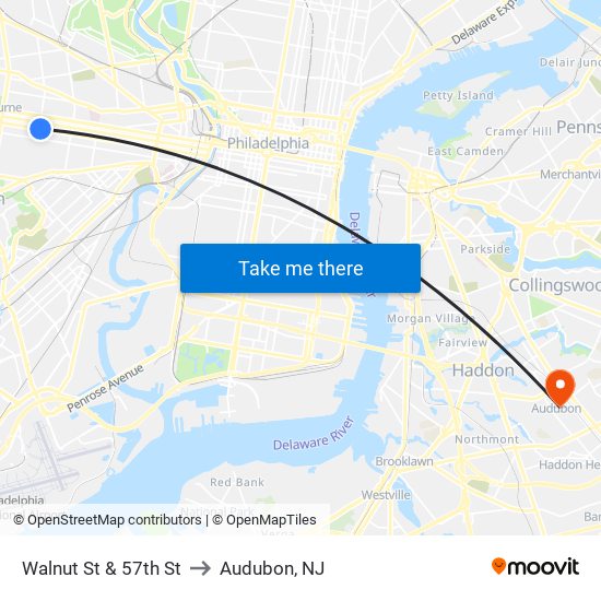 Walnut St & 57th St to Audubon, NJ map
