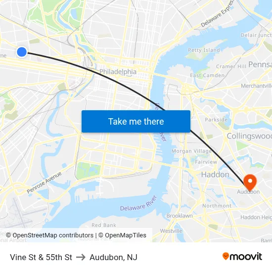 Vine St & 55th St to Audubon, NJ map