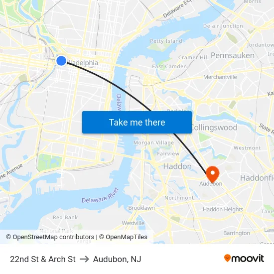 22nd St & Arch St to Audubon, NJ map