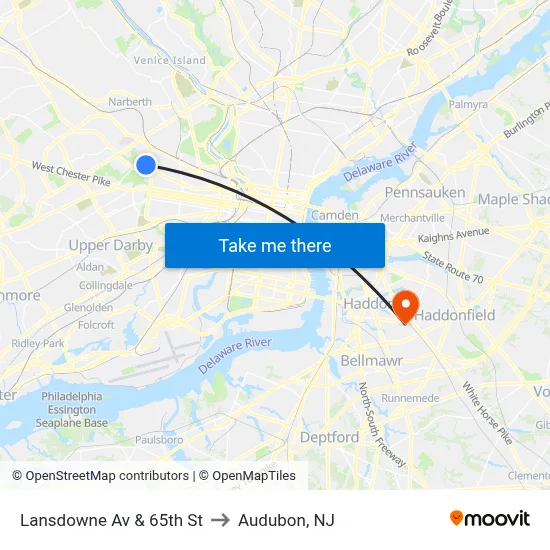 Lansdowne Av & 65th St to Audubon, NJ map