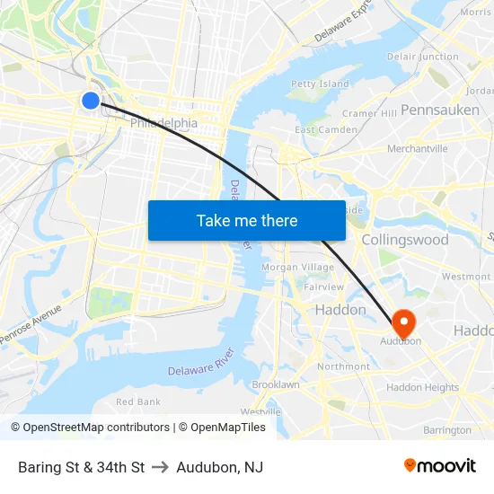 Baring St & 34th St to Audubon, NJ map