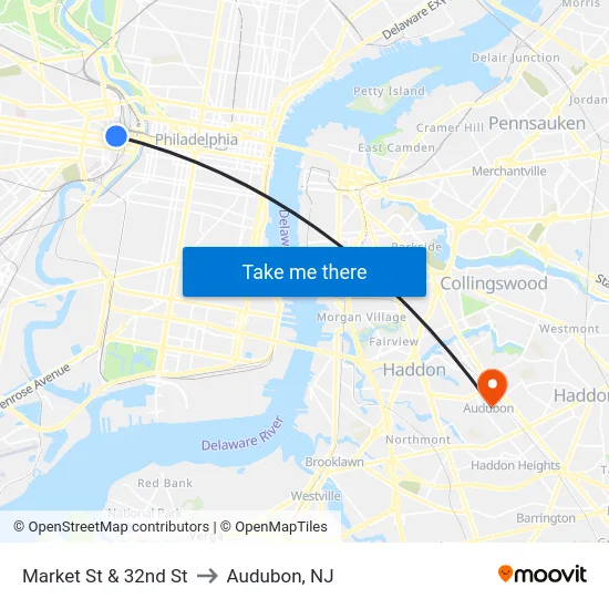 Market St & 32nd St to Audubon, NJ map