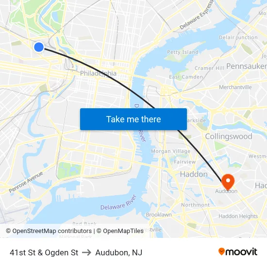 41st St & Ogden St to Audubon, NJ map