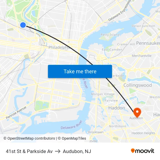 41st St & Parkside Av to Audubon, NJ map