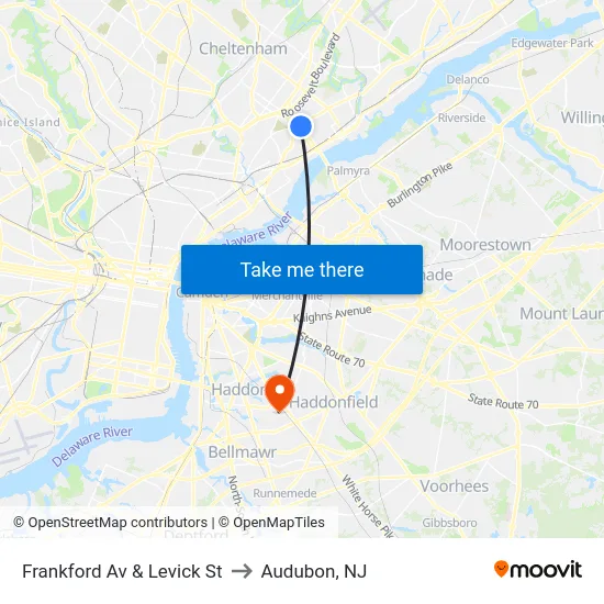 Frankford Av & Levick St to Audubon, NJ map