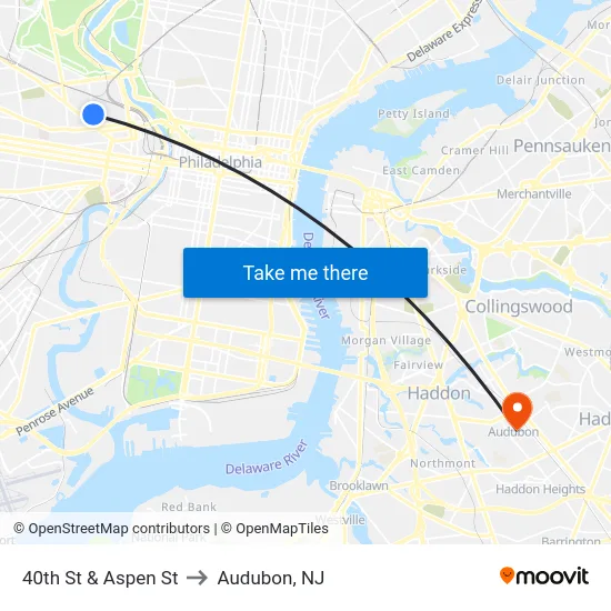 40th St & Aspen St to Audubon, NJ map