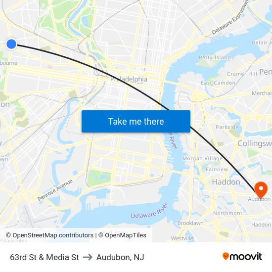 63rd St & Media St to Audubon, NJ map
