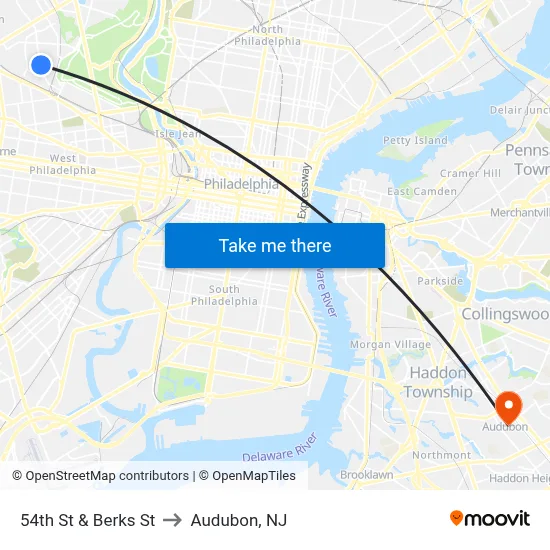 54th St & Berks St to Audubon, NJ map