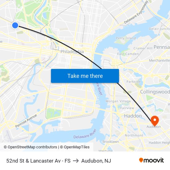 52nd St & Lancaster Av - FS to Audubon, NJ map