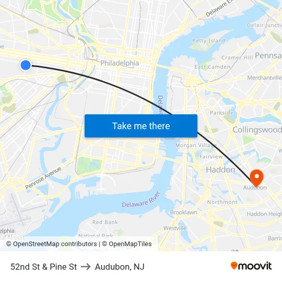 52nd St & Pine St to Audubon, NJ map