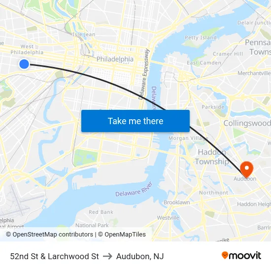 52nd St & Larchwood St to Audubon, NJ map
