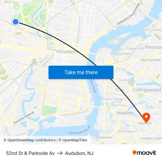 52nd St & Parkside Av to Audubon, NJ map