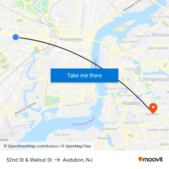 52nd St & Walnut St to Audubon, NJ map